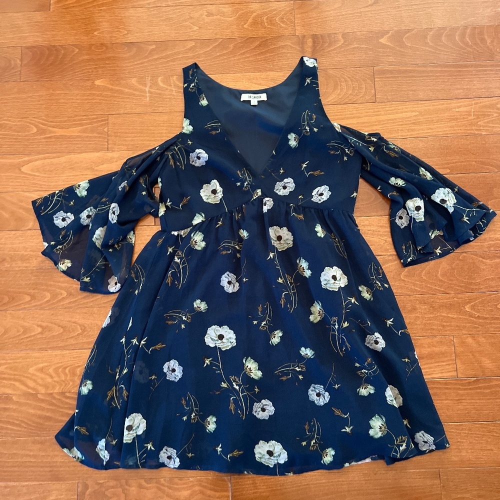 B. B. Dakota navy floral dress with shoulder cut outs, women’s medium
